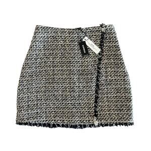 Express Black Gold Multi Tweed Mini Skirt Fringe Trim Mock Wrap NWT Size 6 NEW